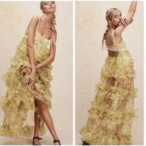 NWT For Love & Lemons ‘Vikki’ Ruffle Sheer Floral Maxi Dress size Small